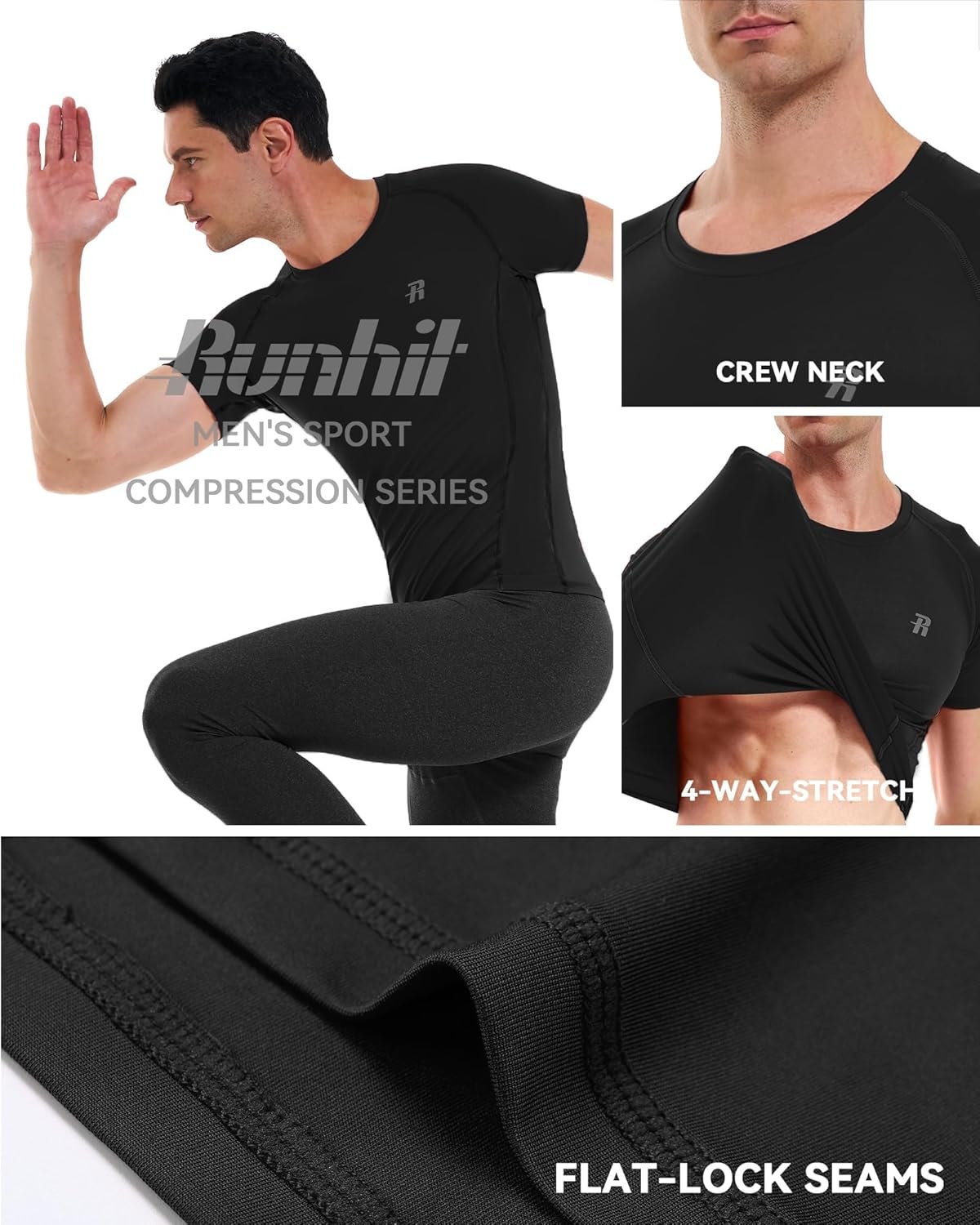 image:imageRunhit Mens Compression Shirts Short Sleeve Athletic T Shirt Cool Dry Workout Tops Sports Base Layer UndershirtBlackblack