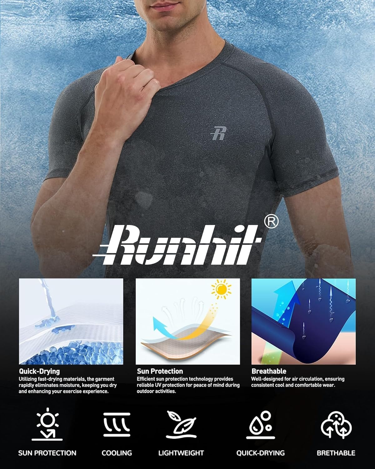 image:imageRunhit Mens Compression Shirts Short Sleeve Athletic T Shirt Cool Dry Workout Tops Sports Base Layer UndershirtDark Graywhite
