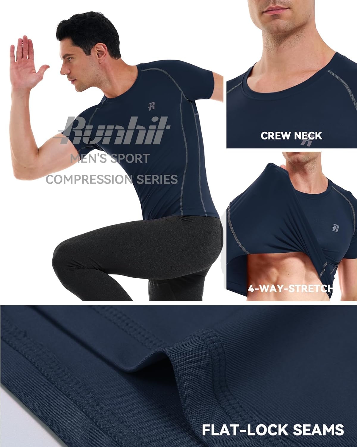 image:imageRunhit Mens Compression Shirts Short Sleeve Athletic T Shirt Cool Dry Workout Tops Sports Base Layer UndershirtNavy Blue Black