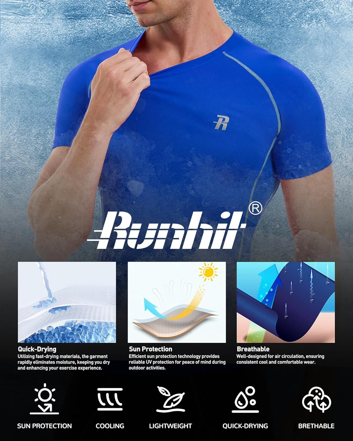 image:imageRunhit Mens Compression Shirts Short Sleeve Athletic T Shirt Cool Dry Workout Tops Sports Base Layer UndershirtRoyal Blue White