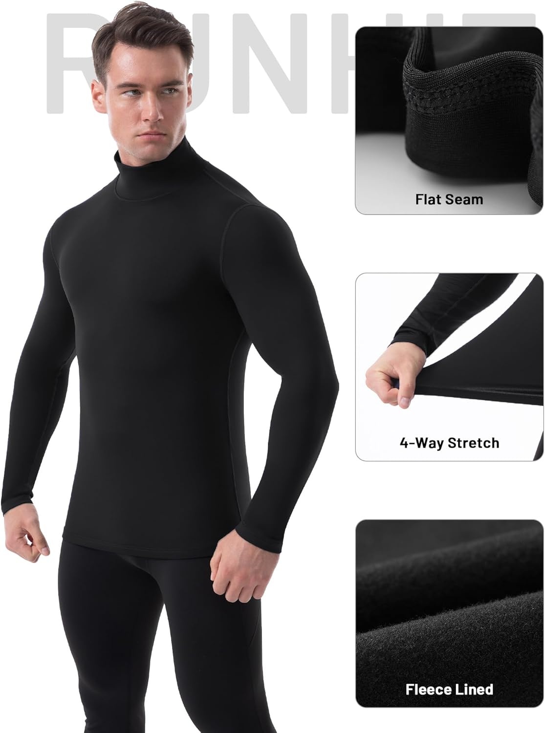 image:imageRunhit Mens Thermal Compression Shirts Mock Turtleneck Long Sleeve Undershirt Fleece Lined Athletic Workout Base LayersBlack