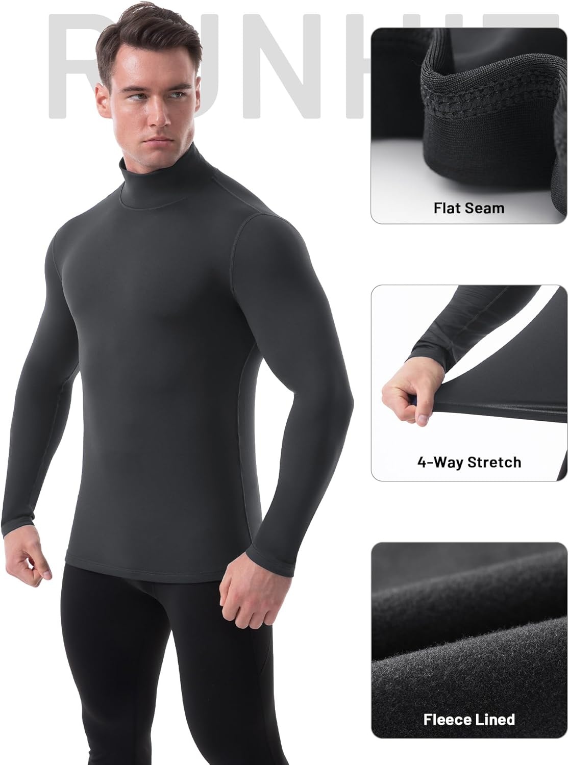 image:imageRunhit Mens Thermal Compression Shirts Mock Turtleneck Long Sleeve Undershirt Fleece Lined Athletic Workout Base LayersGray