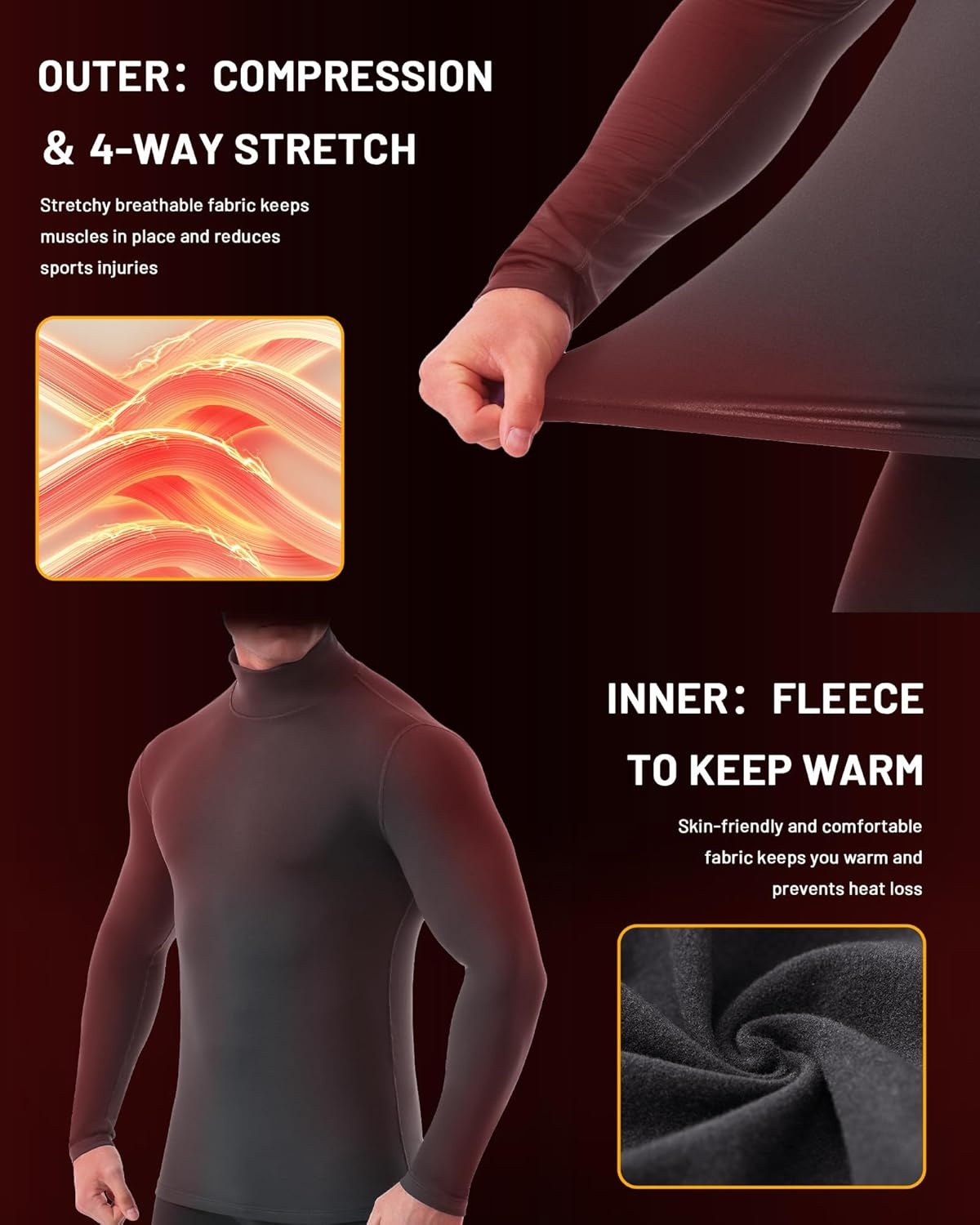 image:imageRunhit Mens Thermal Compression Shirts Mock Turtleneck Long Sleeve Undershirt Fleece Lined Athletic Workout Base LayersGray
