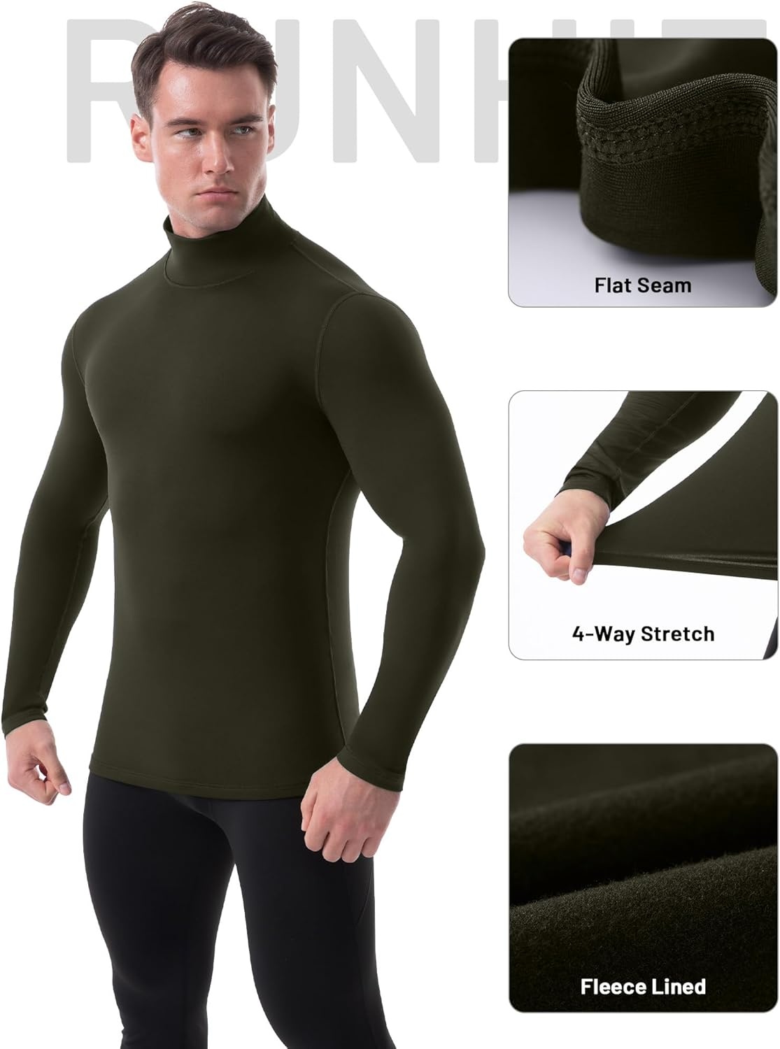 image:imageRunhit Mens Thermal Compression Shirts Mock Turtleneck Long Sleeve Undershirt Fleece Lined Athletic Workout Base LayersGreen