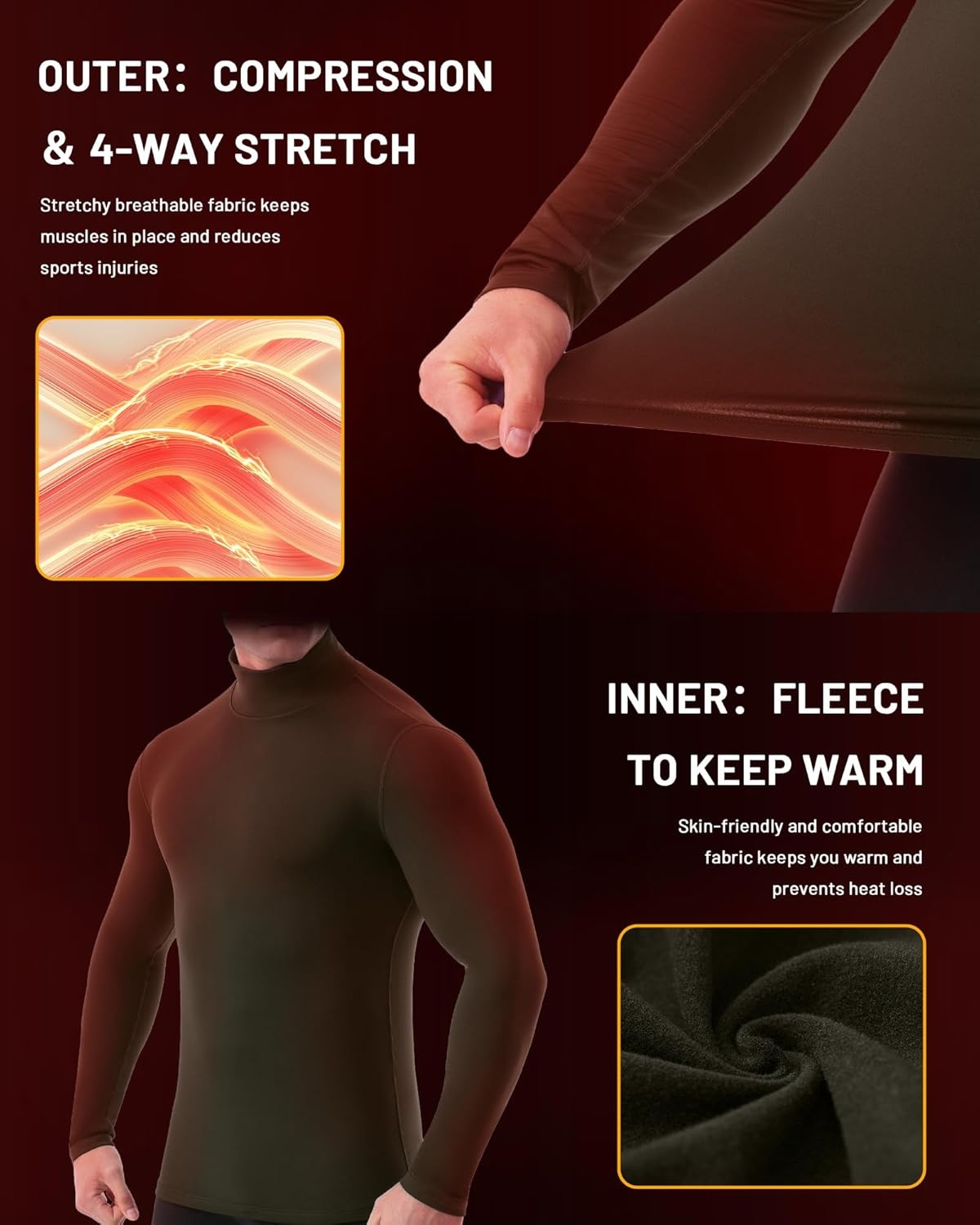 image:imageRunhit Mens Thermal Compression Shirts Mock Turtleneck Long Sleeve Undershirt Fleece Lined Athletic Workout Base LayersGreen