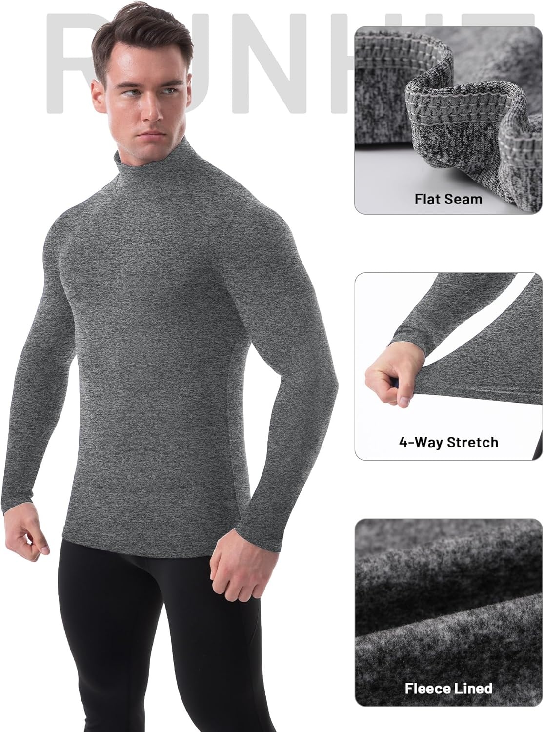 image:imageRunhit Mens Thermal Compression Shirts Mock Turtleneck Long Sleeve Undershirt Fleece Lined Athletic Workout Base LayersHeather Gray