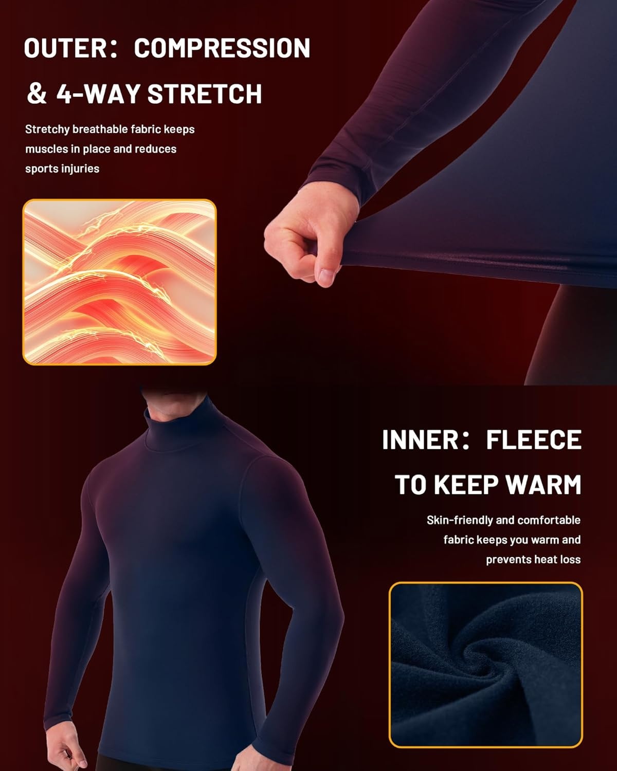 image:imageRunhit Mens Thermal Compression Shirts Mock Turtleneck Long Sleeve Undershirt Fleece Lined Athletic Workout Base LayersOcean Blue