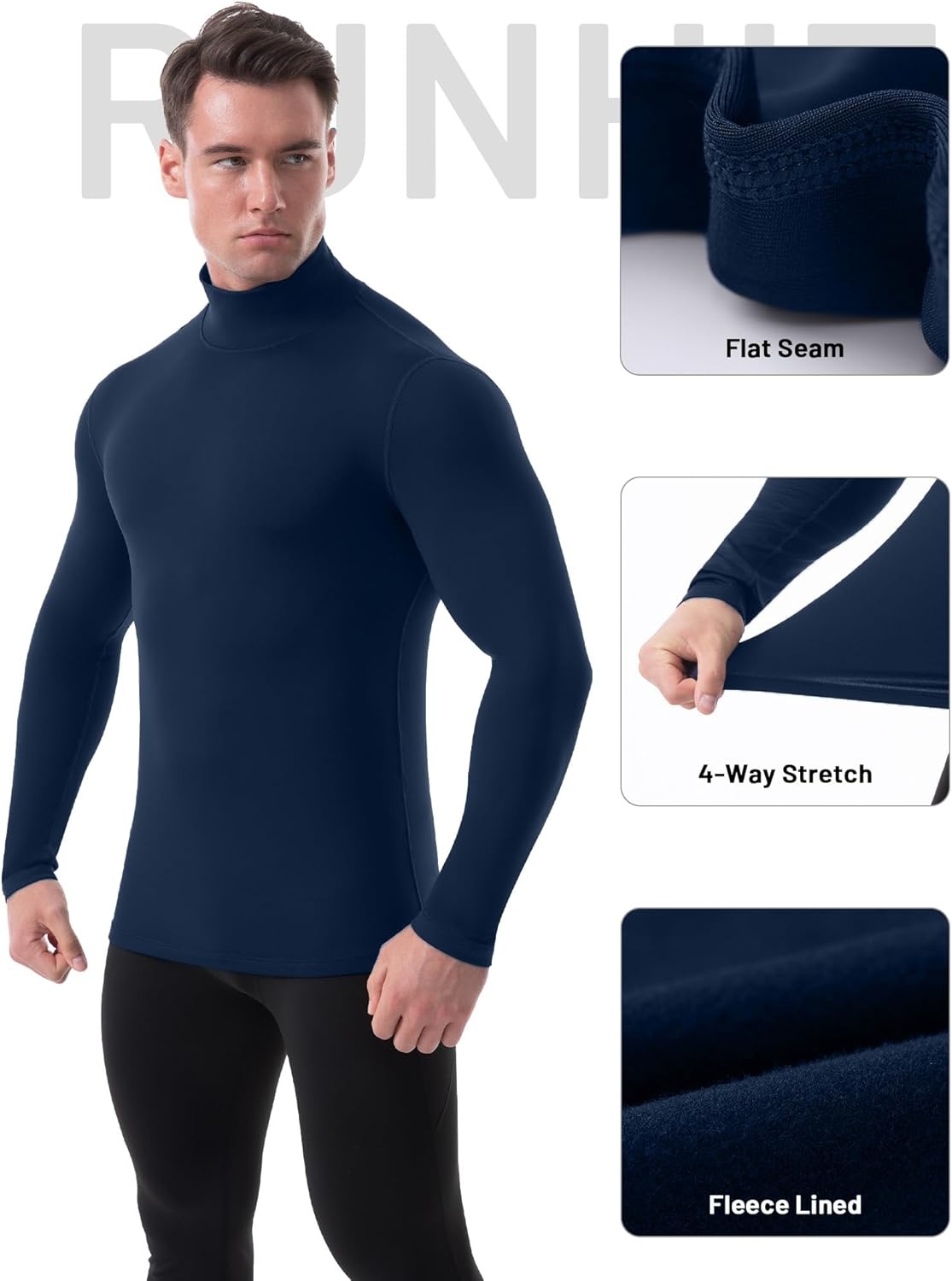 image:imageRunhit Mens Thermal Compression Shirts Mock Turtleneck Long Sleeve Undershirt Fleece Lined Athletic Workout Base LayersOcean Blue