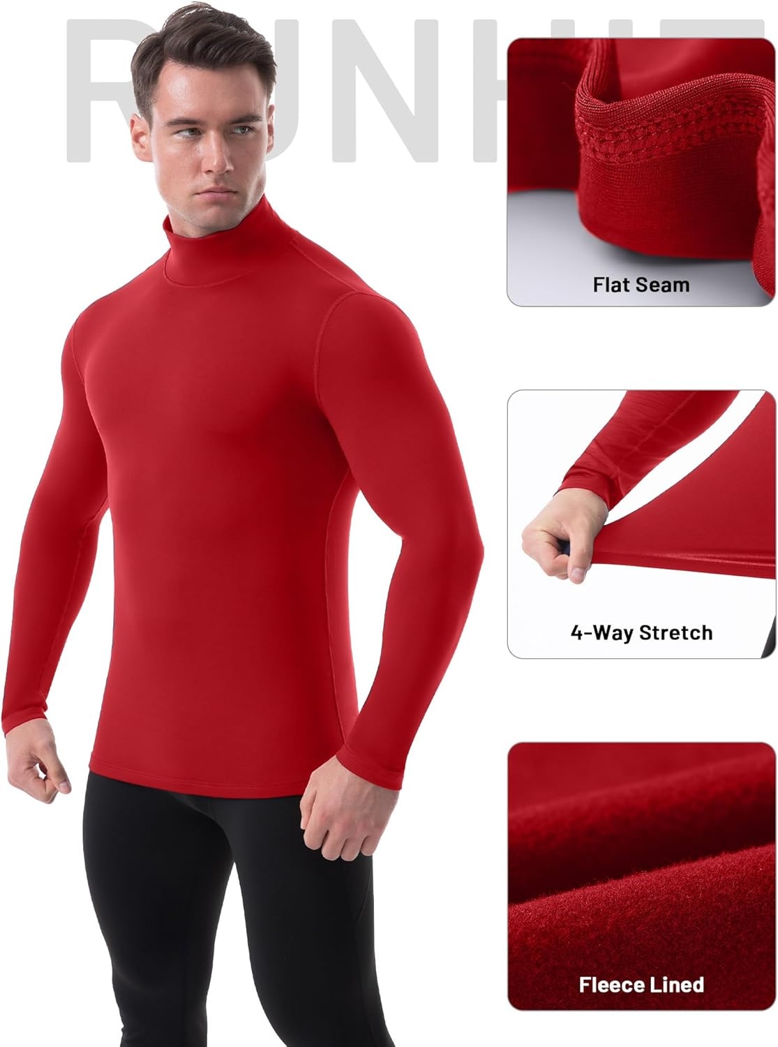 image:imageRunhit Mens Thermal Compression Shirts Mock Turtleneck Long Sleeve Undershirt Fleece Lined Athletic Workout Base LayersRed