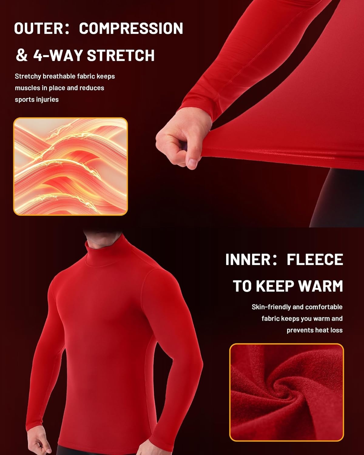 image:imageRunhit Mens Thermal Compression Shirts Mock Turtleneck Long Sleeve Undershirt Fleece Lined Athletic Workout Base LayersRed