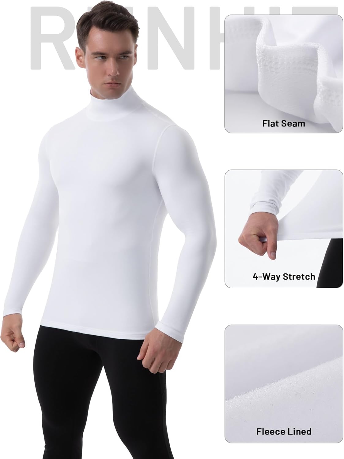 image:imageRunhit Mens Thermal Compression Shirts Mock Turtleneck Long Sleeve Undershirt Fleece Lined Athletic Workout Base LayersWhite