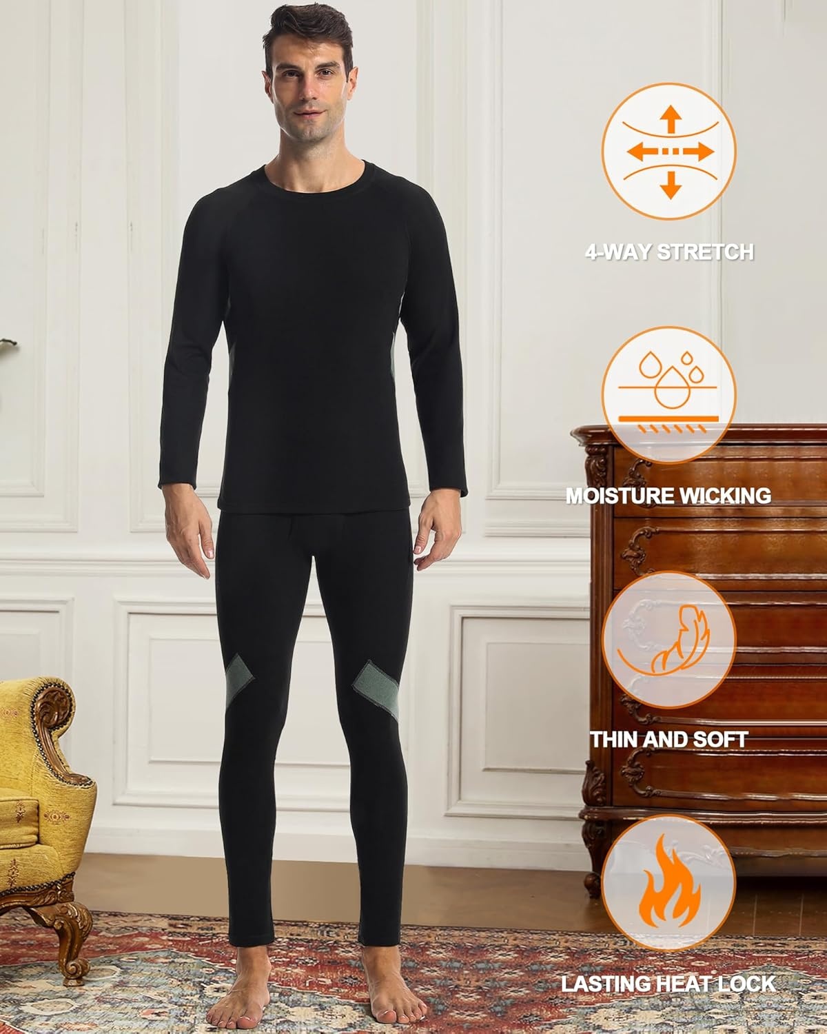 image:imageRunhit Mens Thermal Underwear SetFleece Lined Long Johns for Men Thermal Shirts and Pants Base Layer Cold Weather ThermalsBlackgray Green