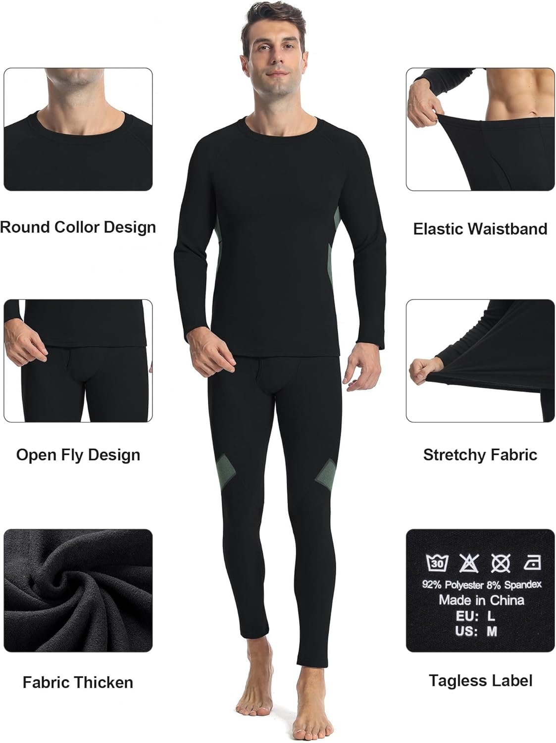 image:imageRunhit Mens Thermal Underwear SetFleece Lined Long Johns for Men Thermal Shirts and Pants Base Layer Cold Weather ThermalsBlackgray Green