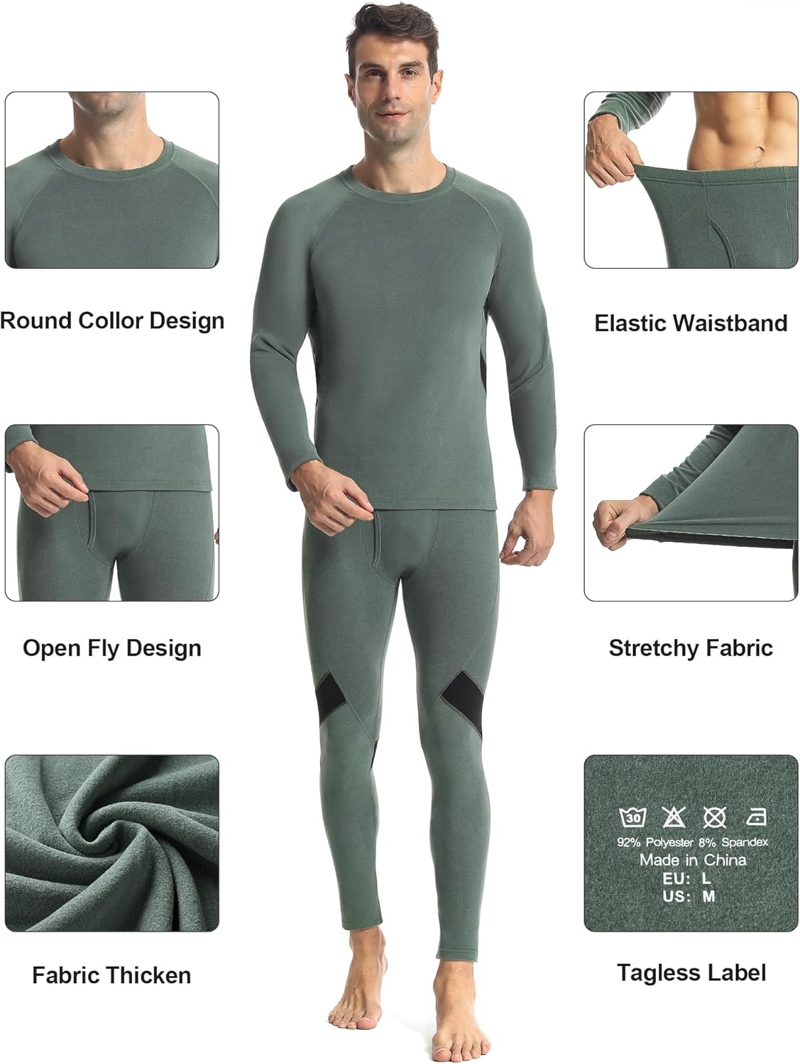 image:imageRunhit Mens Thermal Underwear SetFleece Lined Long Johns for Men Thermal Shirts and Pants Base Layer Cold Weather ThermalsGray Greenblack