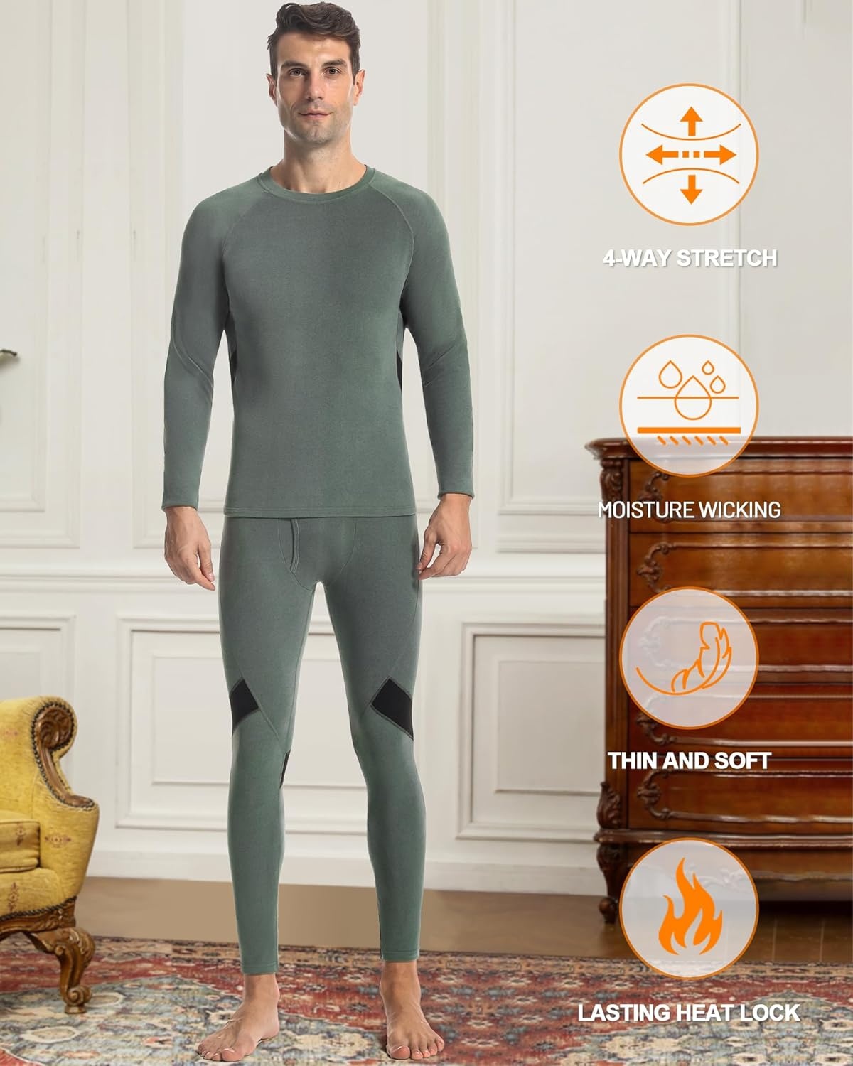 image:imageRunhit Mens Thermal Underwear SetFleece Lined Long Johns for Men Thermal Shirts and Pants Base Layer Cold Weather ThermalsGray Greenblack