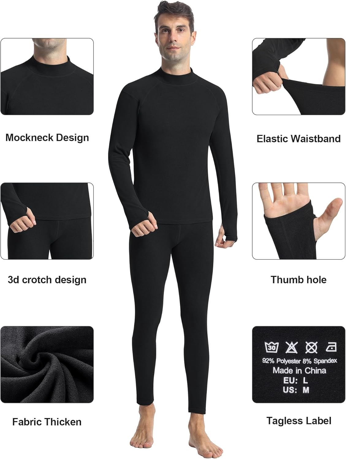 image:imageRunhit Mens Thermal Underwear SetFleece Lined Long Johns for Men Thermal Shirts and Pants Base Layer Cold Weather ThermalsMockblack