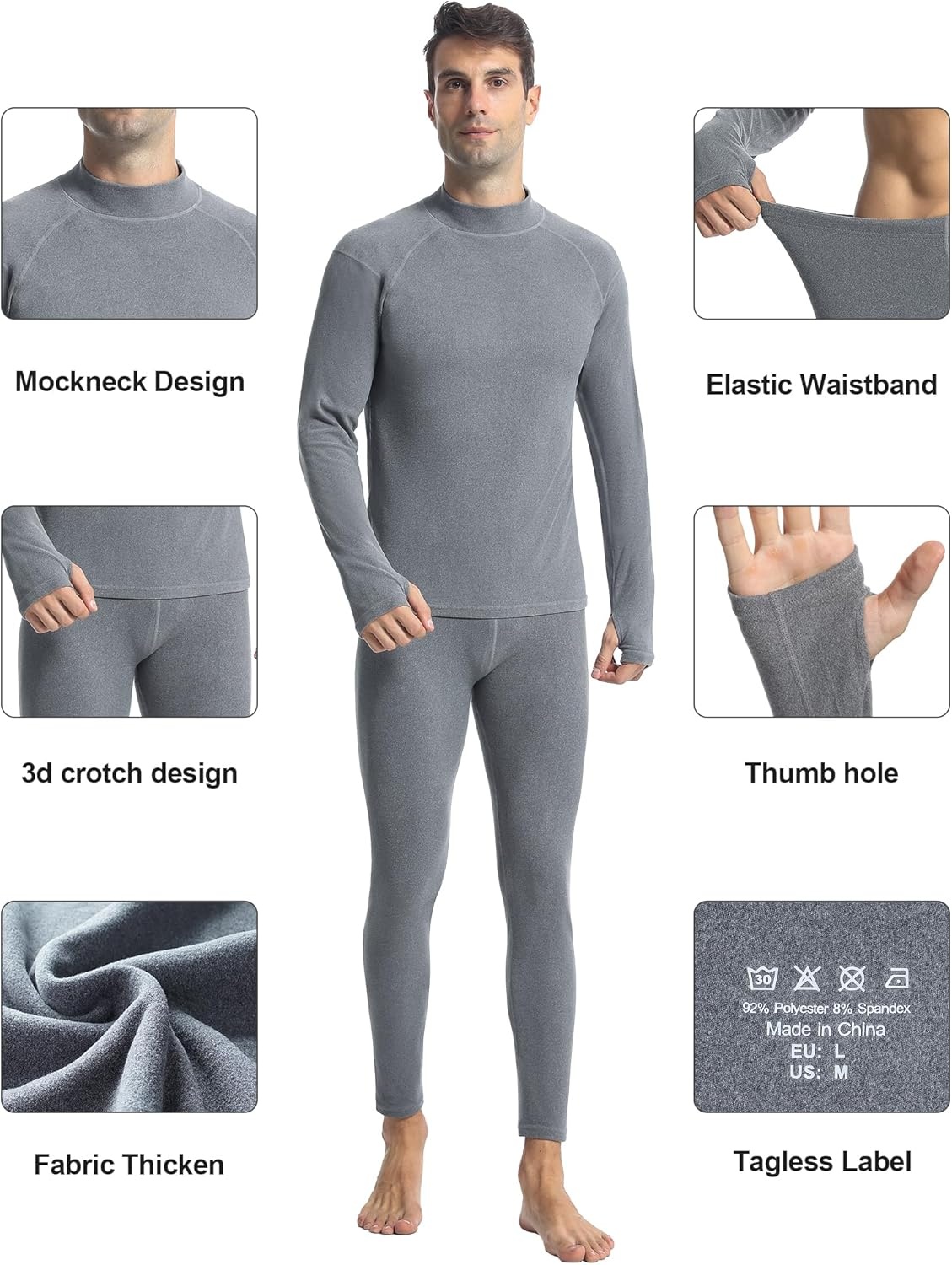 image:imageRunhit Mens Thermal Underwear SetFleece Lined Long Johns for Men Thermal Shirts and Pants Base Layer Cold Weather ThermalsMockgray