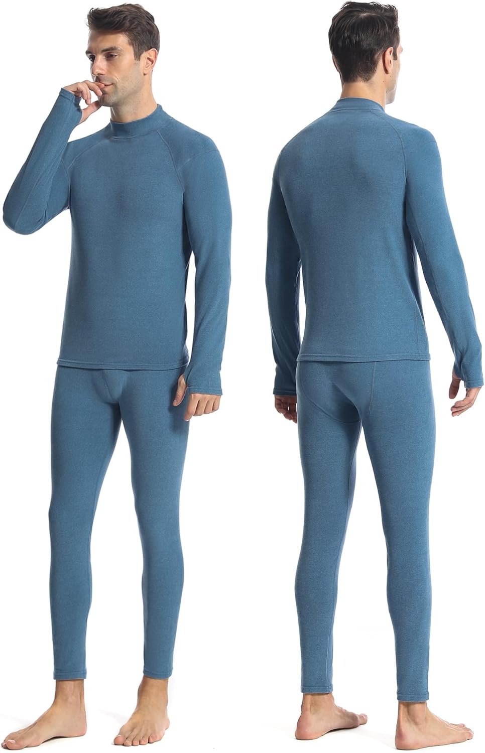 image:imageRunhit Mens Thermal Underwear SetFleece Lined Long Johns for Men Thermal Shirts and Pants Base Layer Cold Weather ThermalsMockgray Blue