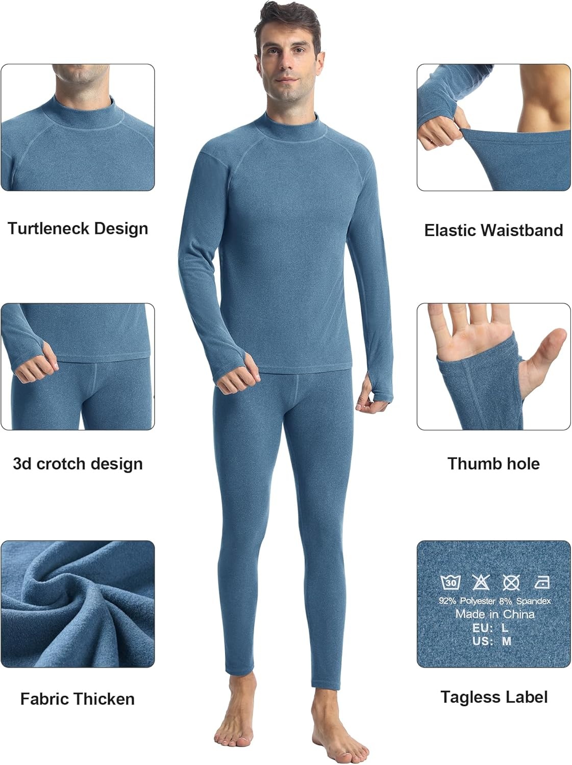 image:imageRunhit Mens Thermal Underwear SetFleece Lined Long Johns for Men Thermal Shirts and Pants Base Layer Cold Weather ThermalsMockgray Blue