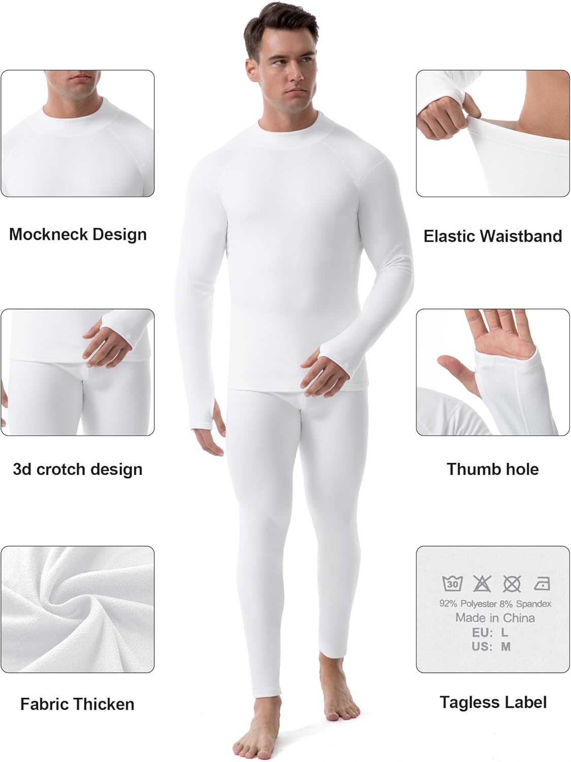 image:imageRunhit Mens Thermal Underwear SetFleece Lined Long Johns for Men Thermal Shirts and Pants Base Layer Cold Weather ThermalsMockneckwhite