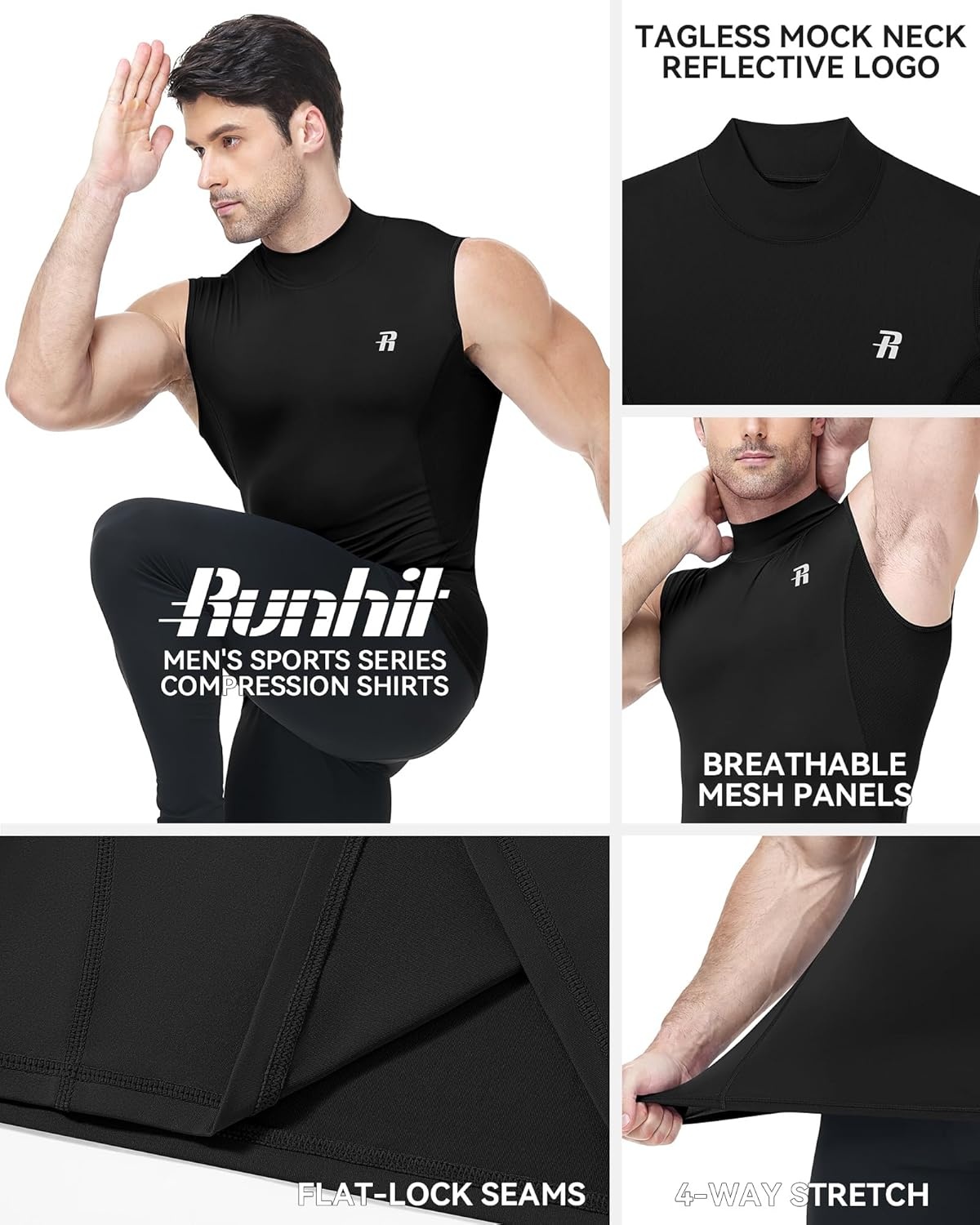 image:imageRunhit Mens Turtleneck Compression Tank Top Sleeveless Mock Neck Shirt UPF 50 Athletic Undershirt Football Gym RunningBlack