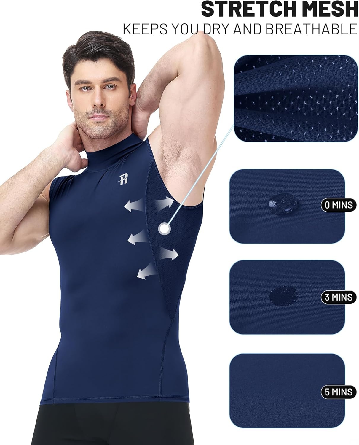 image:imageRunhit Mens Turtleneck Compression Tank Top Sleeveless Mock Neck Shirt UPF 50 Athletic Undershirt Football Gym RunningNavy Blue