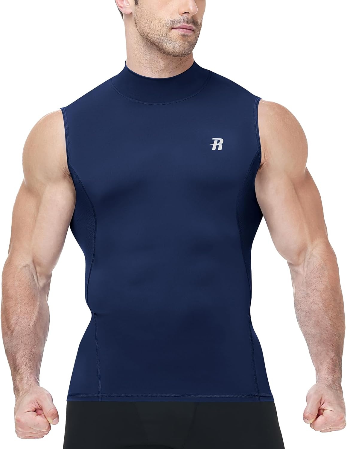 image:imageRunhit Mens Turtleneck Compression Tank Top Sleeveless Mock Neck Shirt UPF 50 Athletic Undershirt Football Gym RunningNavy Blue