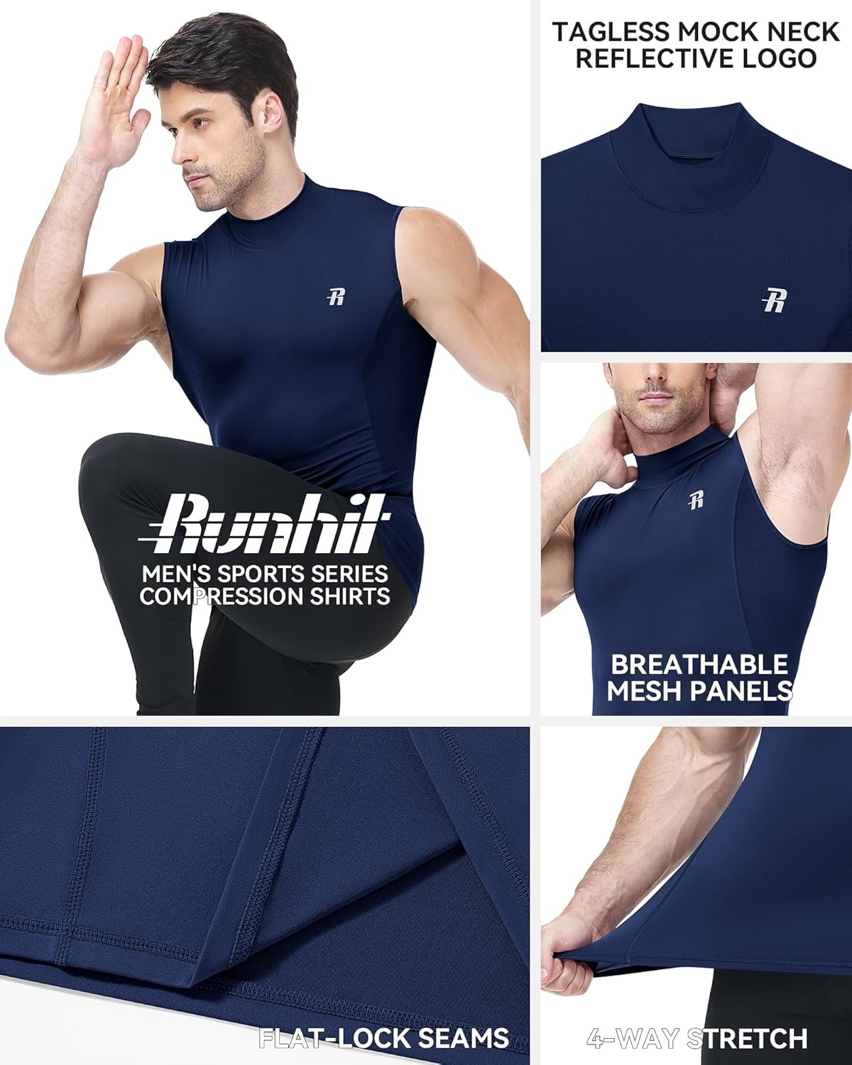 image:imageRunhit Mens Turtleneck Compression Tank Top Sleeveless Mock Neck Shirt UPF 50 Athletic Undershirt Football Gym RunningNavy Blue