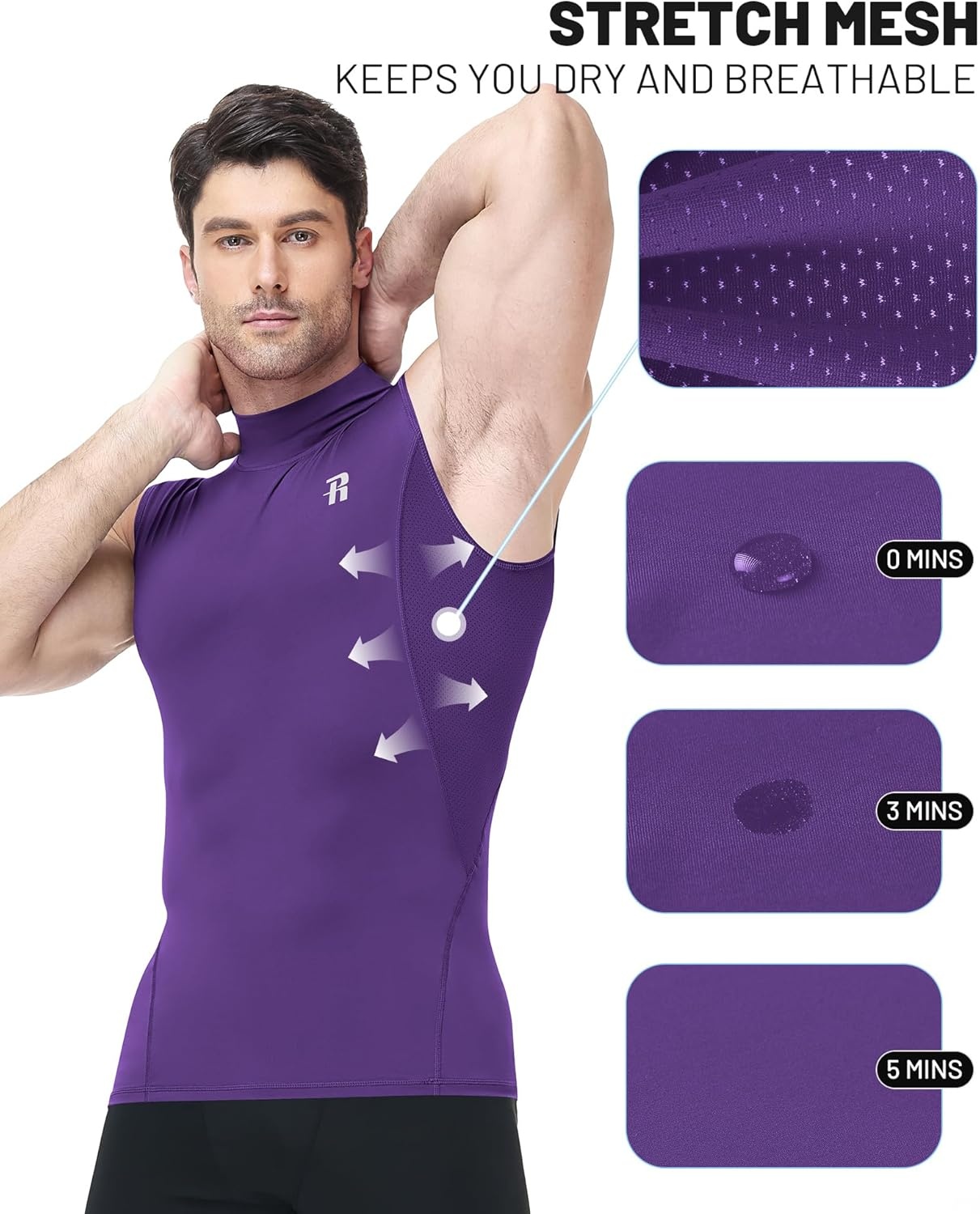 image:imageRunhit Mens Turtleneck Compression Tank Top Sleeveless Mock Neck Shirt UPF 50 Athletic Undershirt Football Gym RunningPurple