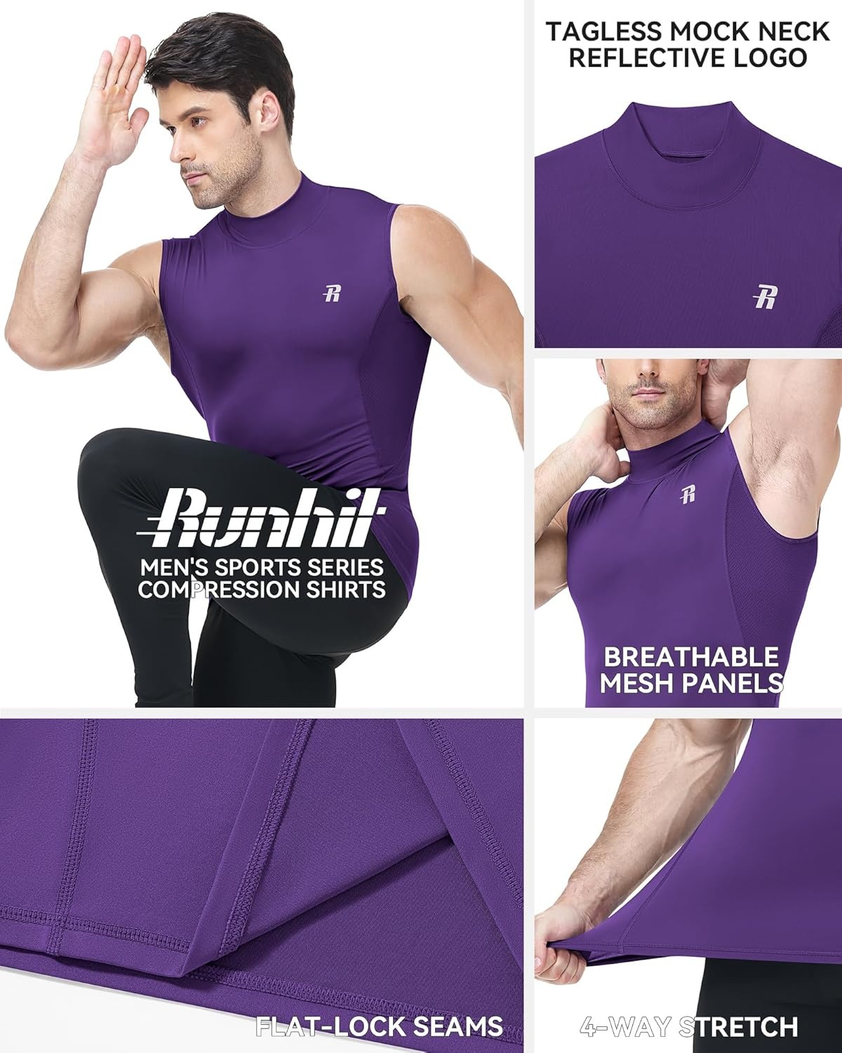 image:imageRunhit Mens Turtleneck Compression Tank Top Sleeveless Mock Neck Shirt UPF 50 Athletic Undershirt Football Gym RunningPurple