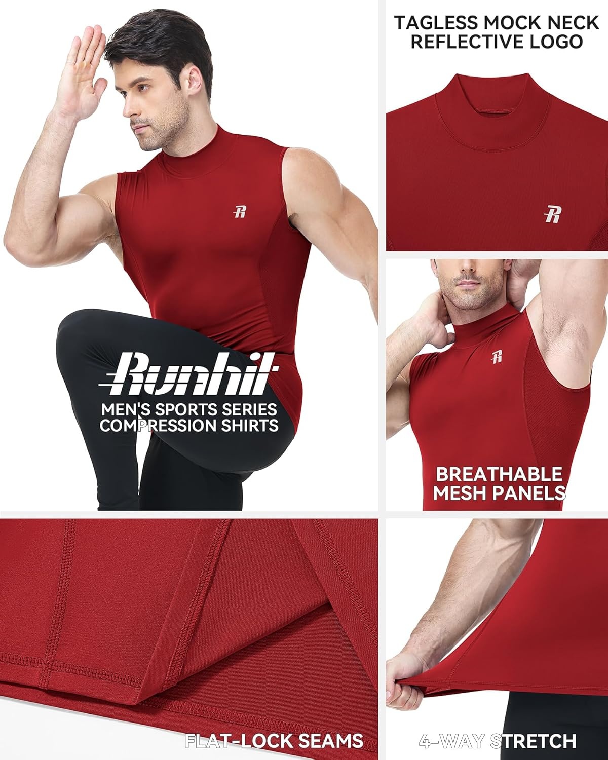 image:imageRunhit Mens Turtleneck Compression Tank Top Sleeveless Mock Neck Shirt UPF 50 Athletic Undershirt Football Gym RunningRed
