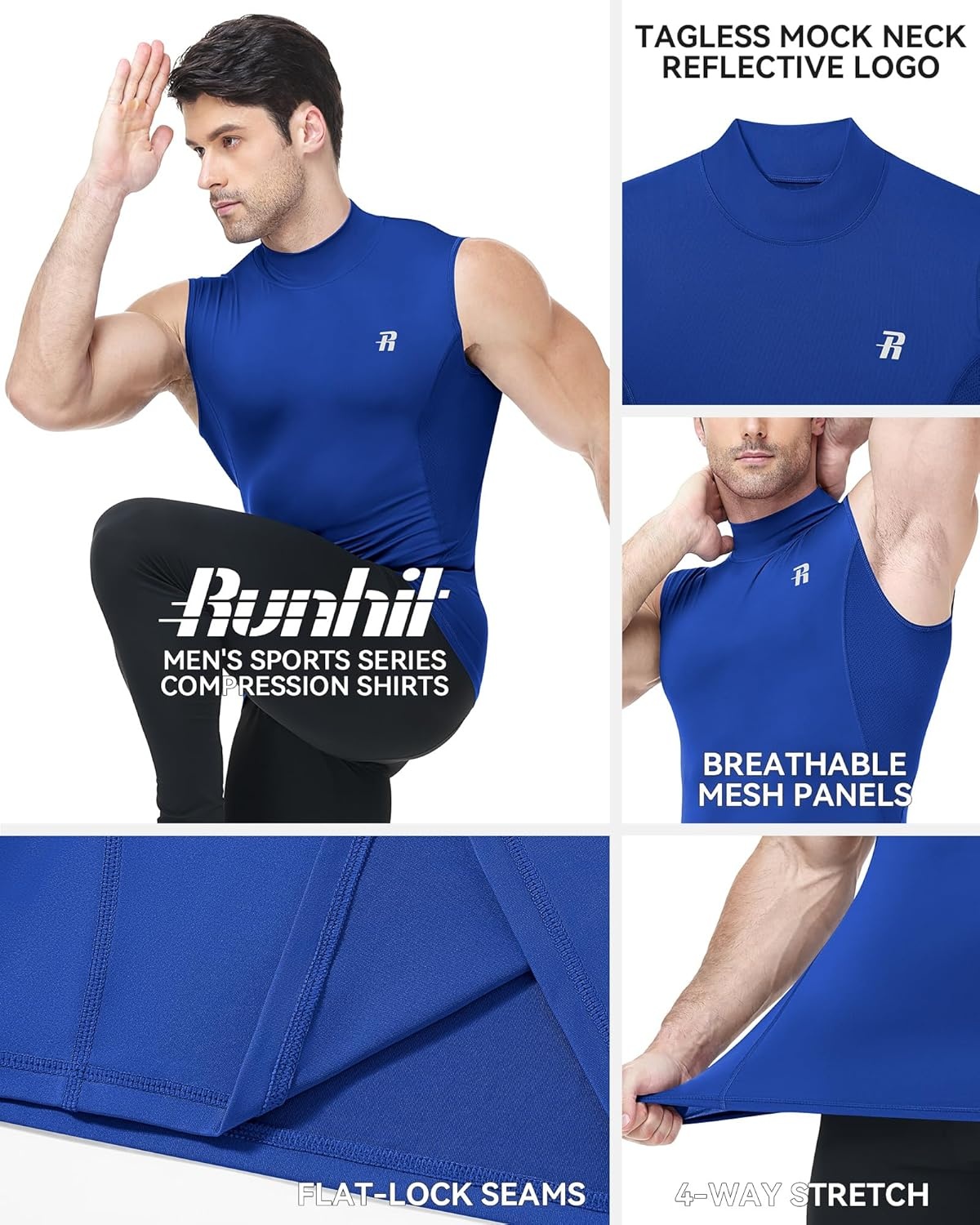 image:imageRunhit Mens Turtleneck Compression Tank Top Sleeveless Mock Neck Shirt UPF 50 Athletic Undershirt Football Gym RunningRoyal Blue