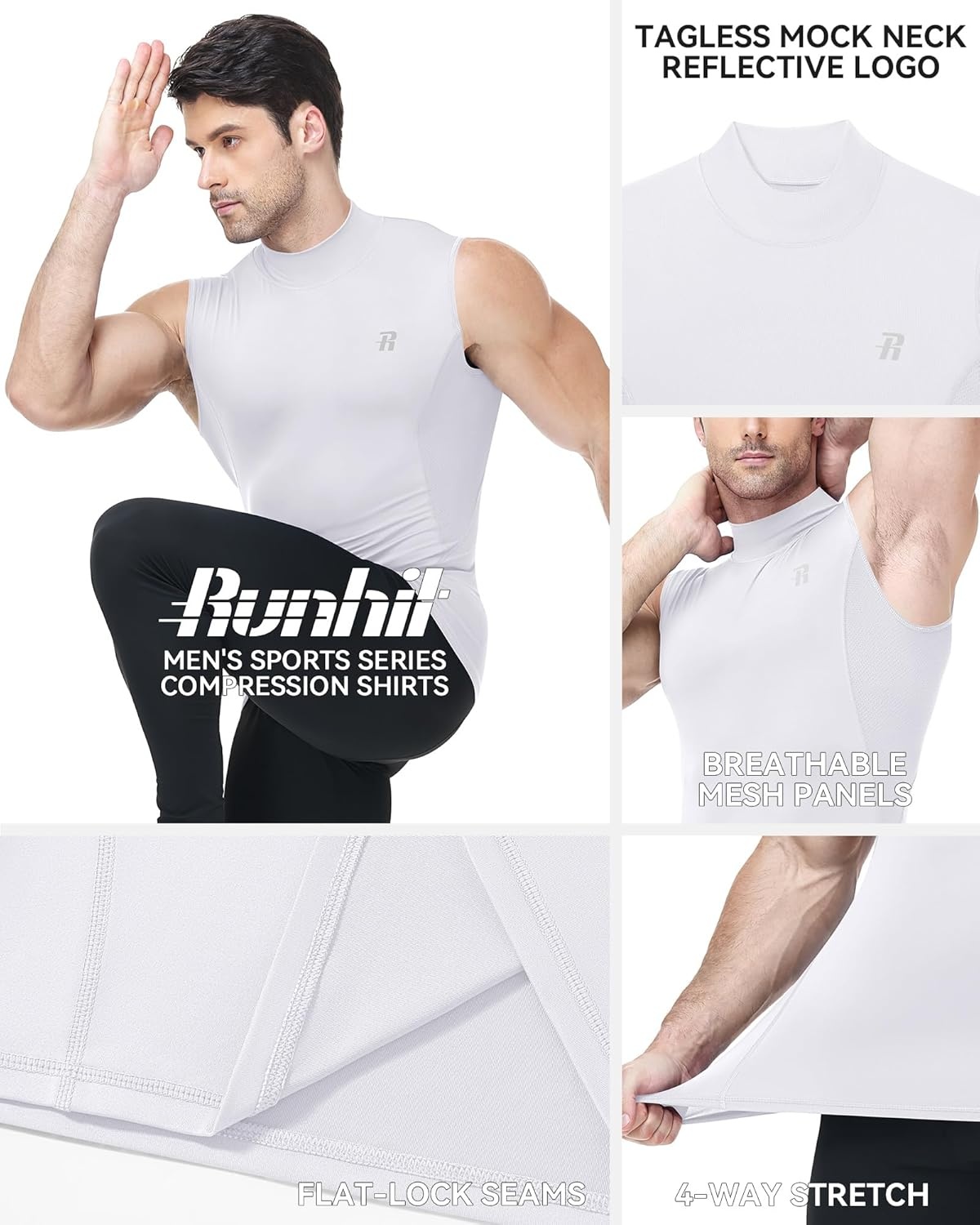 image:imageRunhit Mens Turtleneck Compression Tank Top Sleeveless Mock Neck Shirt UPF 50 Athletic Undershirt Football Gym RunningWhite