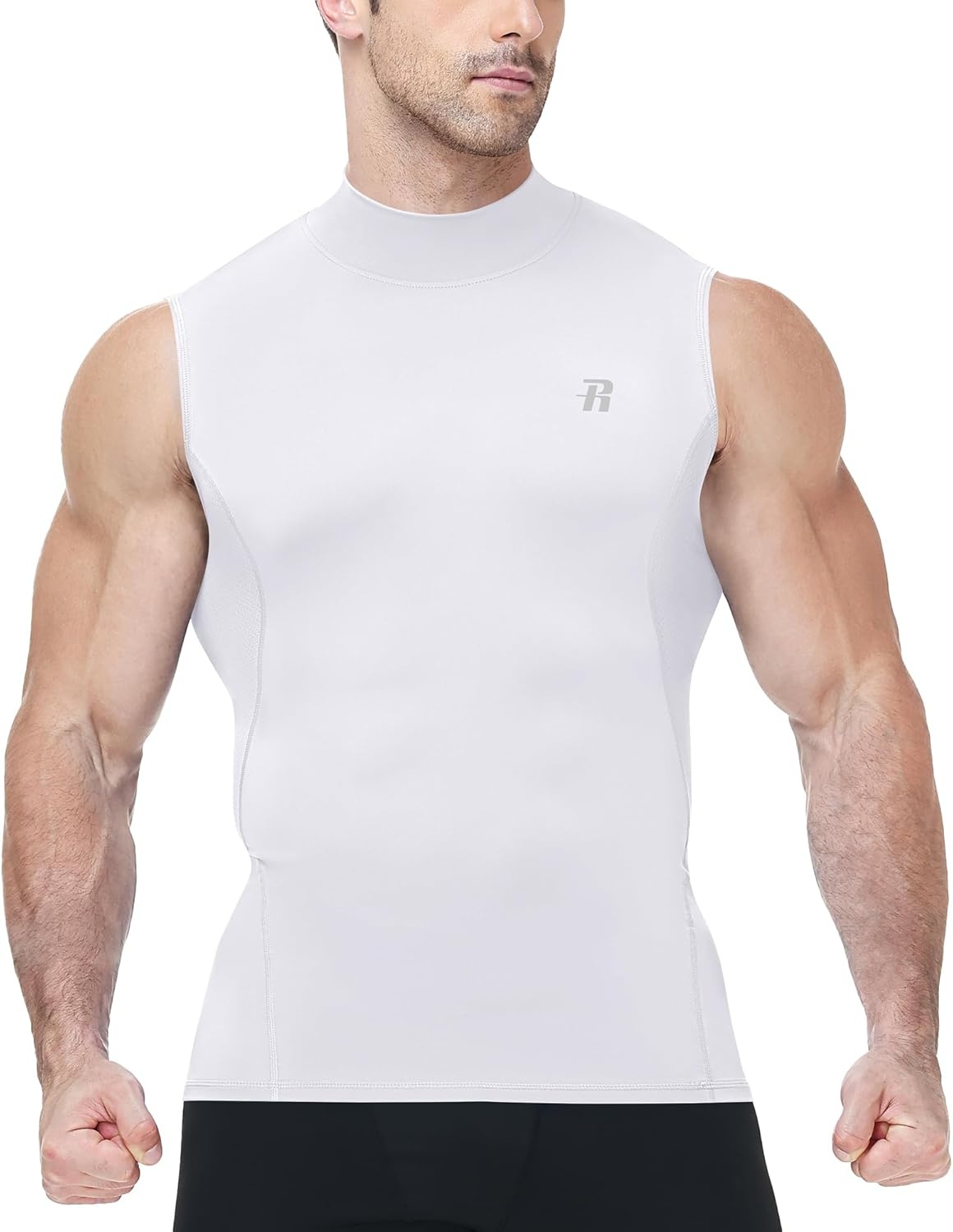 image:imageRunhit Mens Turtleneck Compression Tank Top Sleeveless Mock Neck Shirt UPF 50 Athletic Undershirt Football Gym RunningWhite
