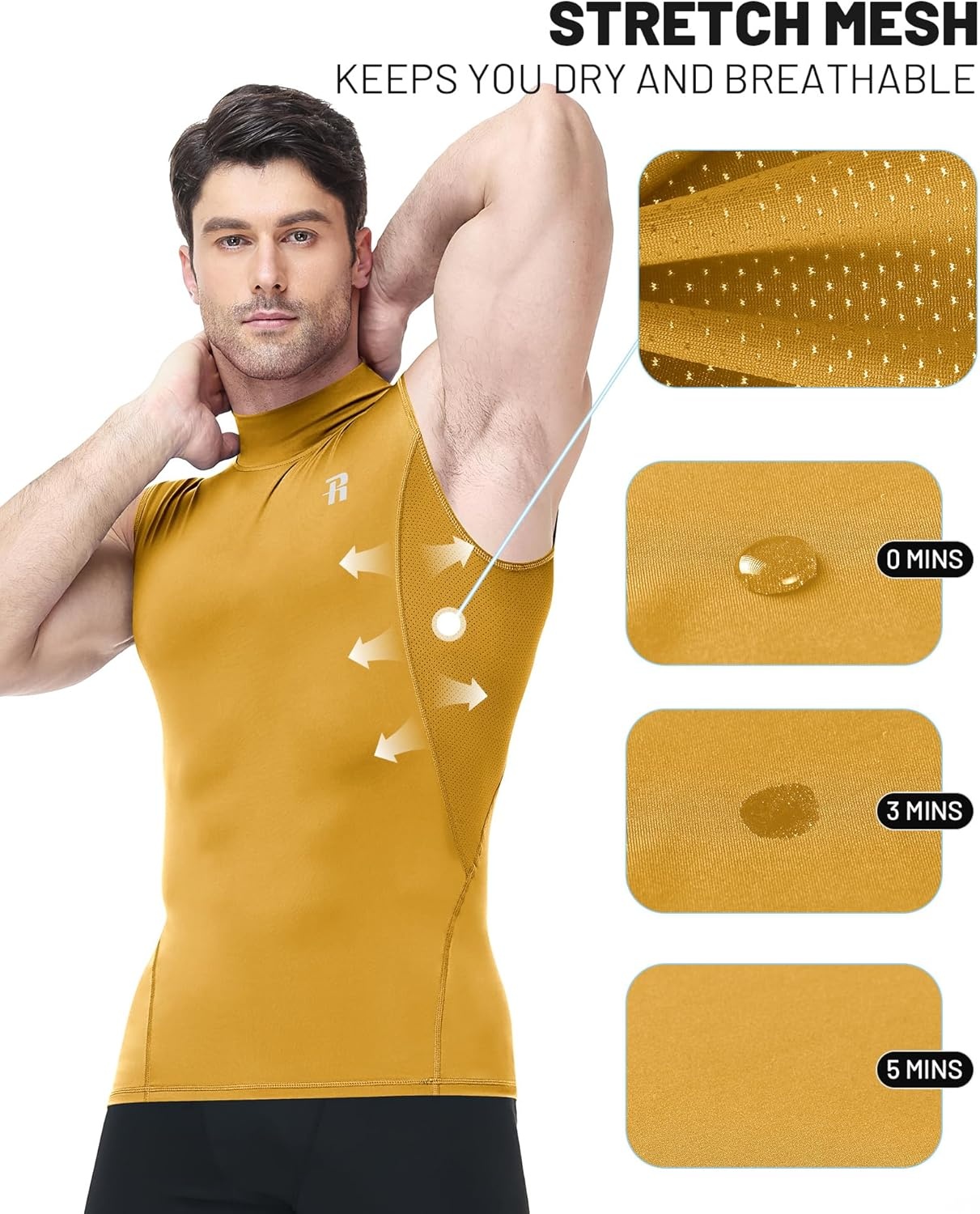 image:imageRunhit Mens Turtleneck Compression Tank Top Sleeveless Mock Neck Shirt UPF 50 Athletic Undershirt Football Gym RunningYellow