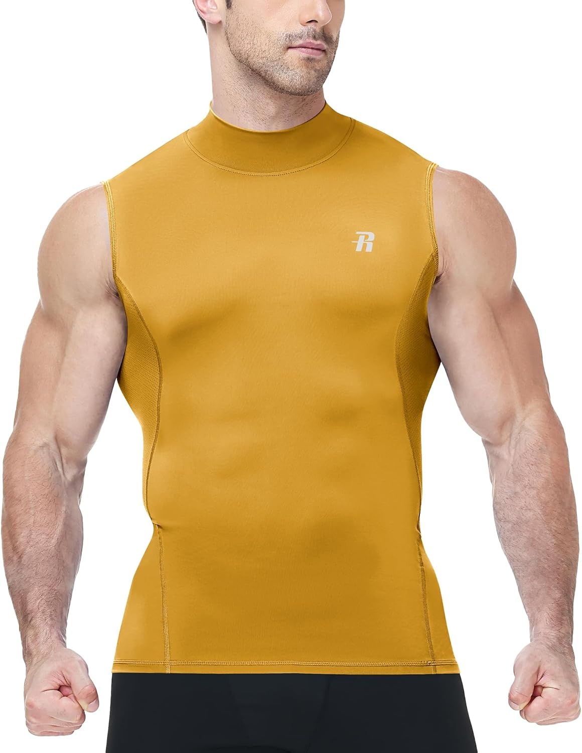 image:imageRunhit Mens Turtleneck Compression Tank Top Sleeveless Mock Neck Shirt UPF 50 Athletic Undershirt Football Gym RunningYellow