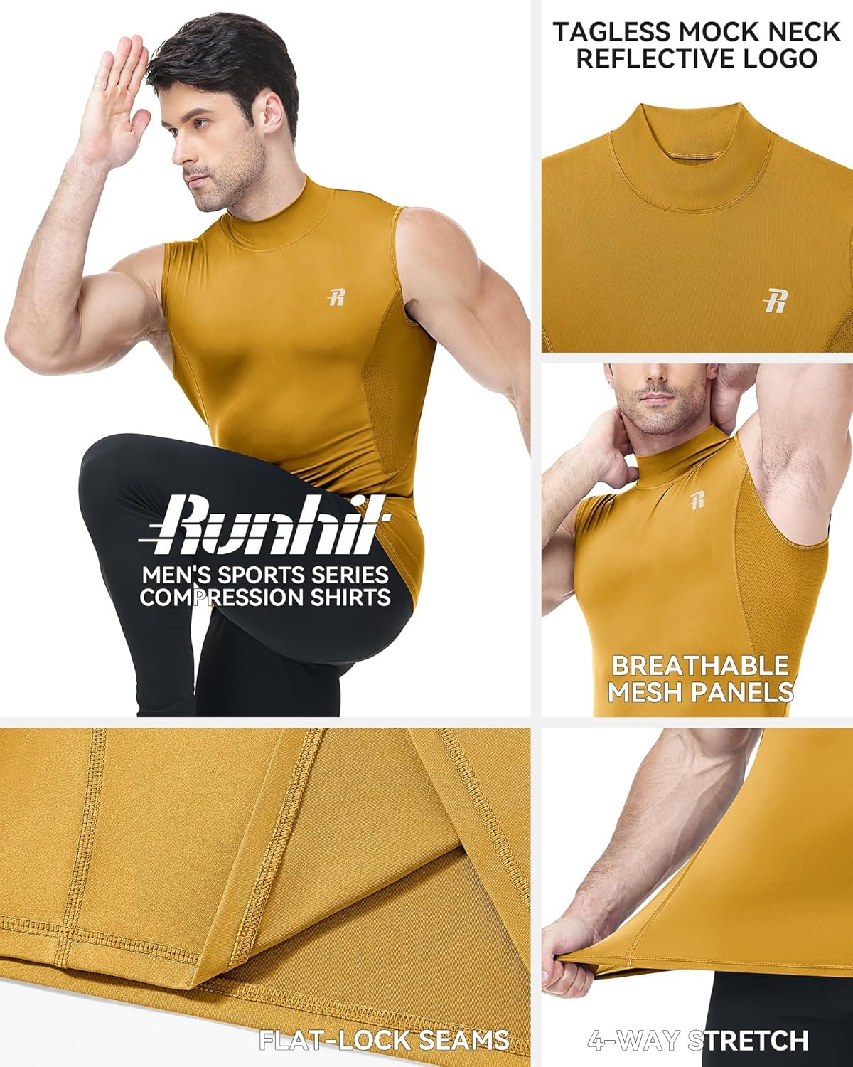 image:imageRunhit Mens Turtleneck Compression Tank Top Sleeveless Mock Neck Shirt UPF 50 Athletic Undershirt Football Gym RunningYellow