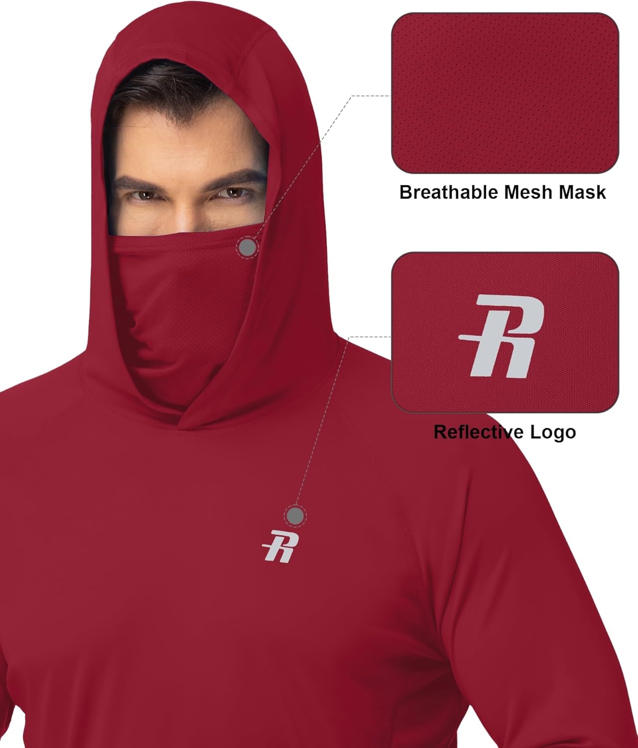 image:imageRunhit Mens UPF 50 Fishing Shirt Hoodie with Mask UV Sun Protection Long Sleeve Shirt Rash Guard Hiking Lightweight CoolingBeet Red