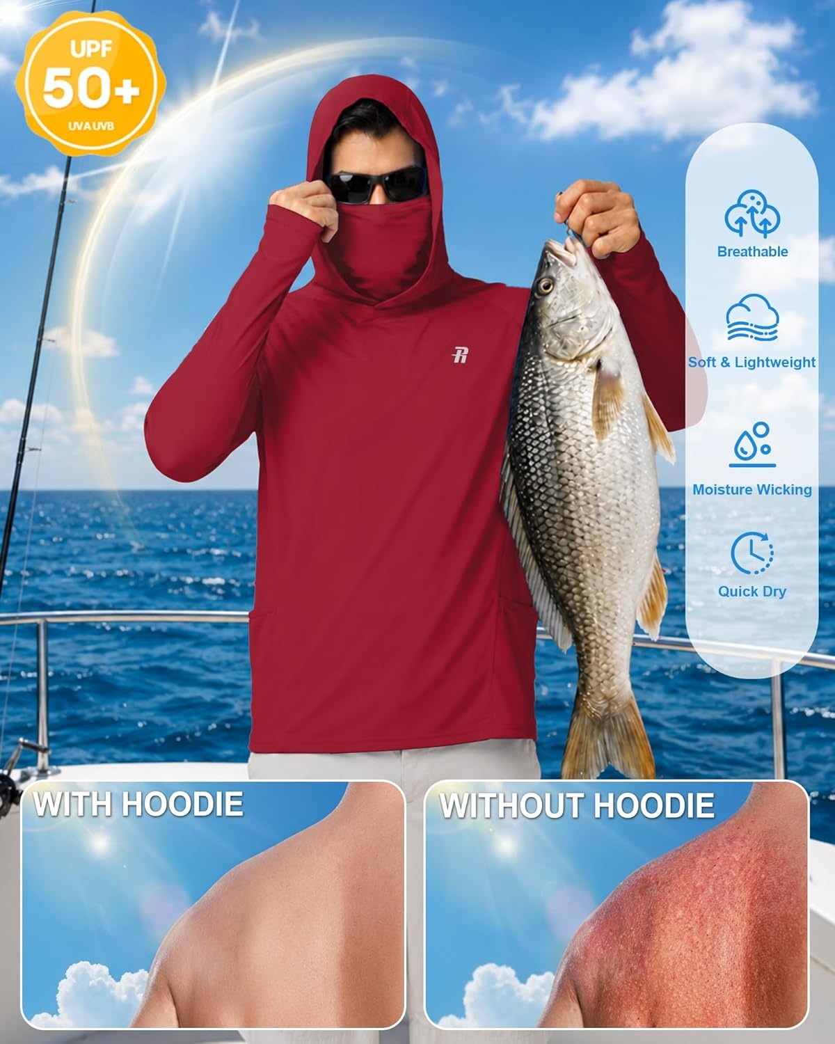 image:imageRunhit Mens UPF 50 Fishing Shirt Hoodie with Mask UV Sun Protection Long Sleeve Shirt Rash Guard Hiking Lightweight CoolingBeet Red