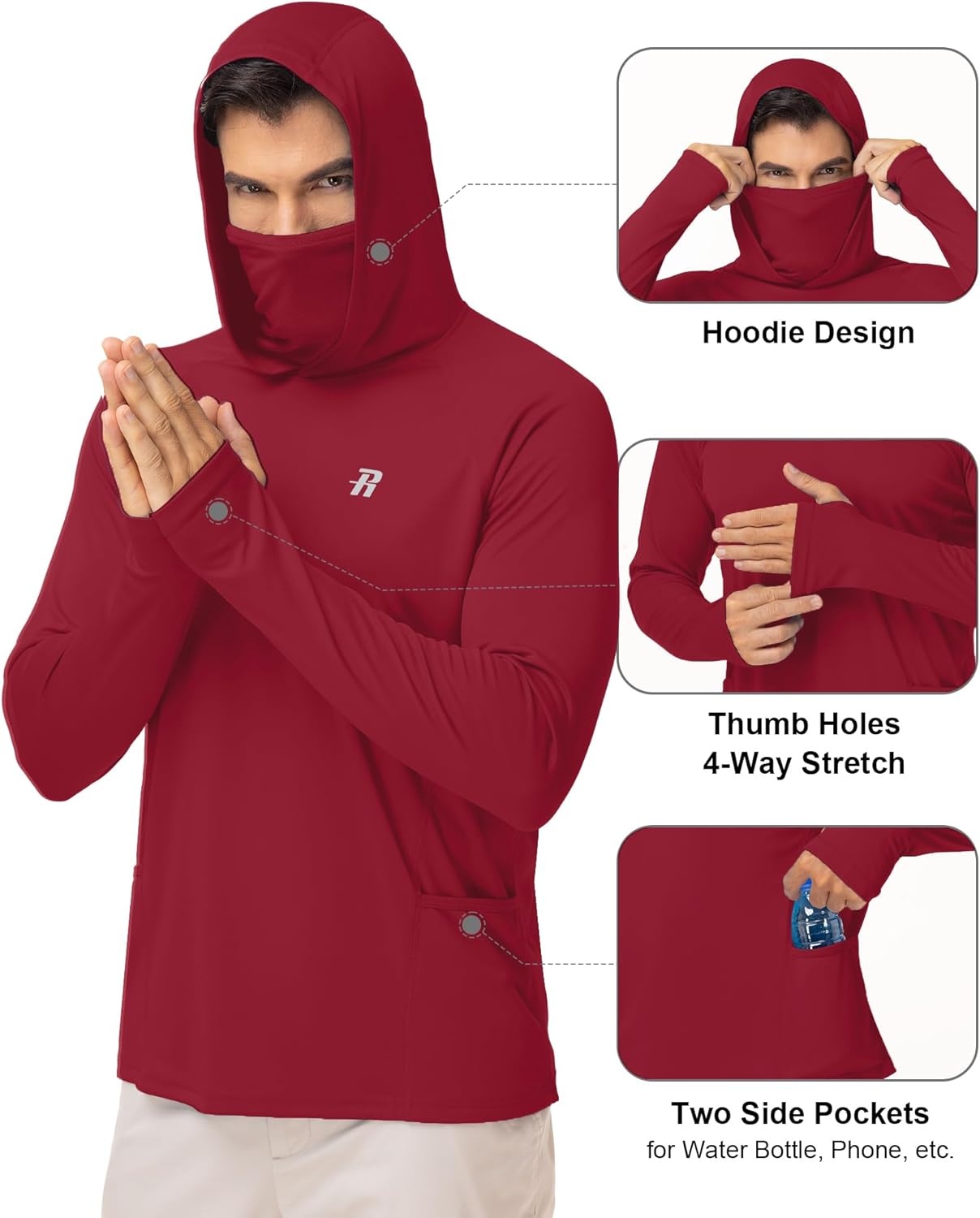 image:imageRunhit Mens UPF 50 Fishing Shirt Hoodie with Mask UV Sun Protection Long Sleeve Shirt Rash Guard Hiking Lightweight CoolingBeet Red