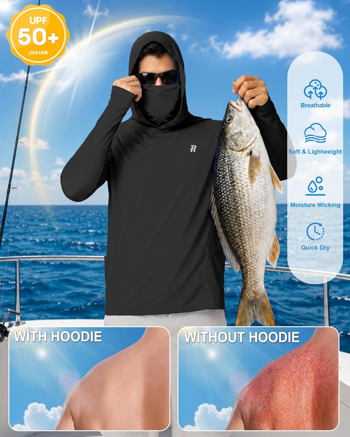 image:imageRunhit Mens UPF 50 Fishing Shirt Hoodie with Mask UV Sun Protection Long Sleeve Shirt Rash Guard Hiking Lightweight CoolingBlack