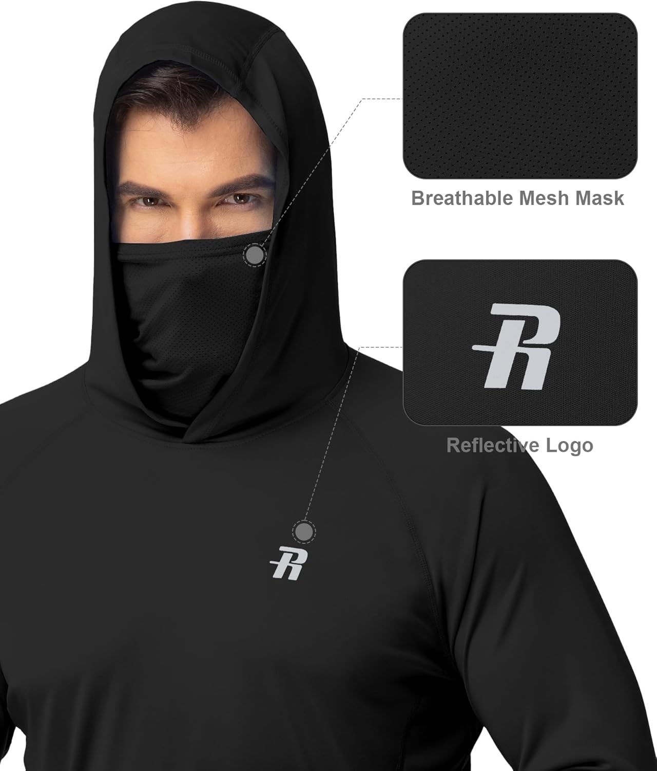 image:imageRunhit Mens UPF 50 Fishing Shirt Hoodie with Mask UV Sun Protection Long Sleeve Shirt Rash Guard Hiking Lightweight CoolingBlack