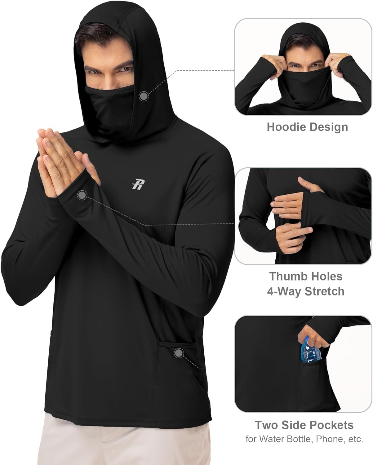 image:imageRunhit Mens UPF 50 Fishing Shirt Hoodie with Mask UV Sun Protection Long Sleeve Shirt Rash Guard Hiking Lightweight CoolingBlack