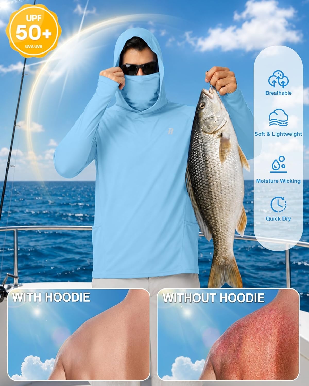image:imageRunhit Mens UPF 50 Fishing Shirt Hoodie with Mask UV Sun Protection Long Sleeve Shirt Rash Guard Hiking Lightweight CoolingBlue