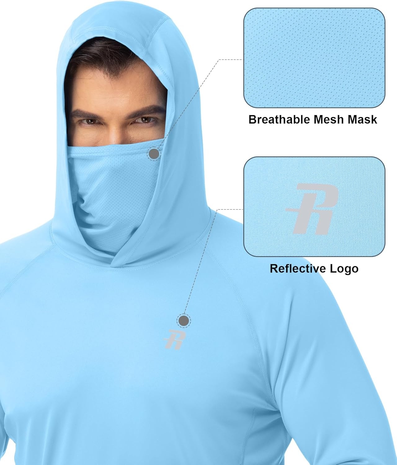 image:imageRunhit Mens UPF 50 Fishing Shirt Hoodie with Mask UV Sun Protection Long Sleeve Shirt Rash Guard Hiking Lightweight CoolingBlue