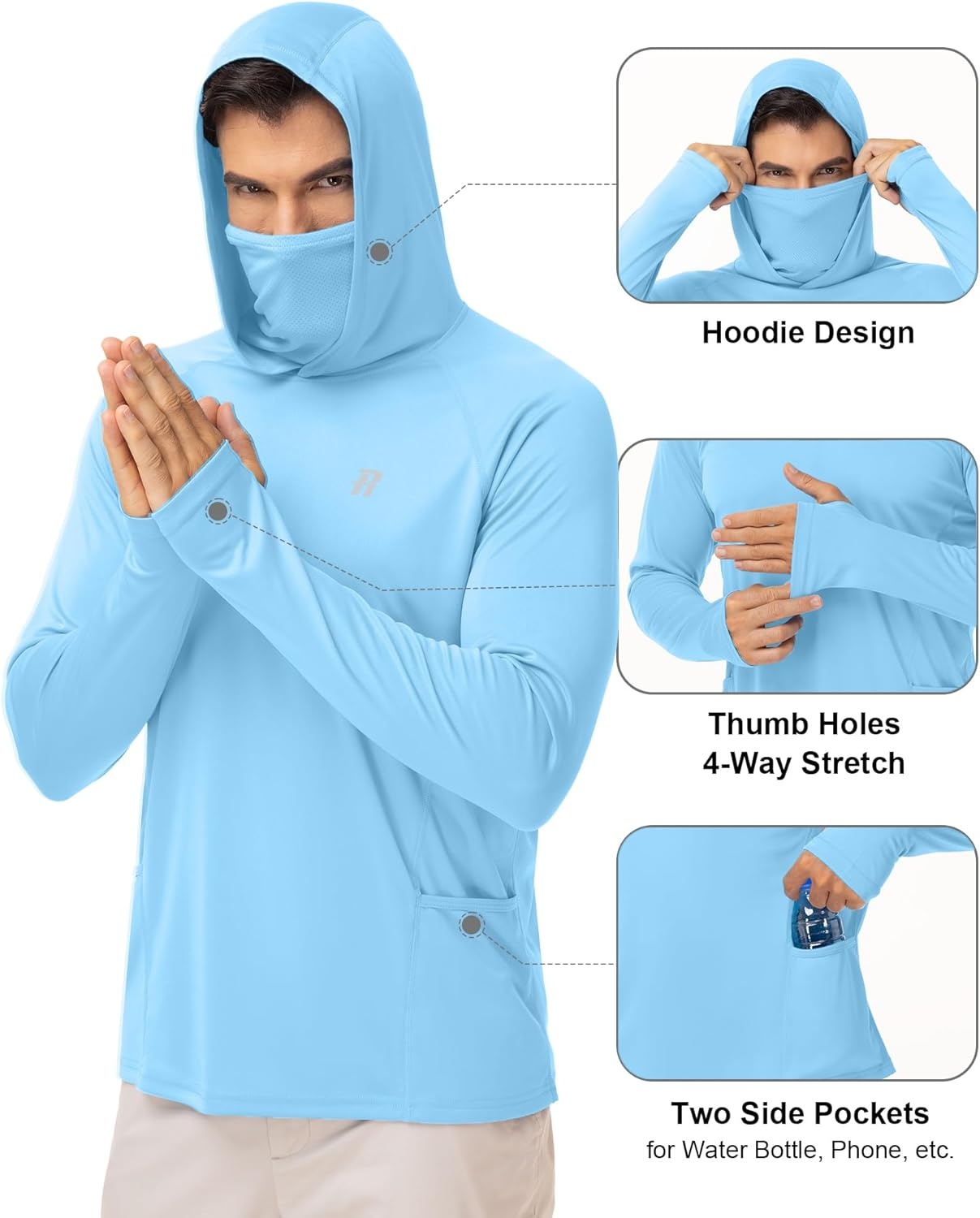 image:imageRunhit Mens UPF 50 Fishing Shirt Hoodie with Mask UV Sun Protection Long Sleeve Shirt Rash Guard Hiking Lightweight CoolingBlue