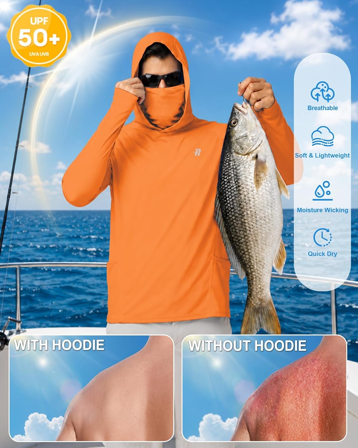 image:imageRunhit Mens UPF 50 Fishing Shirt Hoodie with Mask UV Sun Protection Long Sleeve Shirt Rash Guard Hiking Lightweight CoolingBright Orange