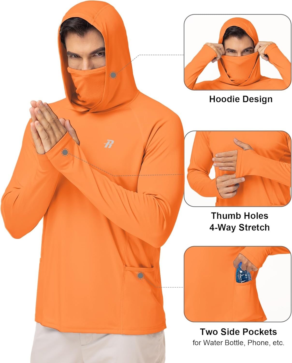 image:imageRunhit Mens UPF 50 Fishing Shirt Hoodie with Mask UV Sun Protection Long Sleeve Shirt Rash Guard Hiking Lightweight CoolingBright Orange