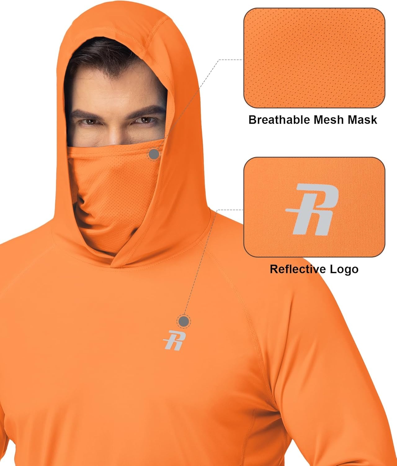 image:imageRunhit Mens UPF 50 Fishing Shirt Hoodie with Mask UV Sun Protection Long Sleeve Shirt Rash Guard Hiking Lightweight CoolingBright Orange