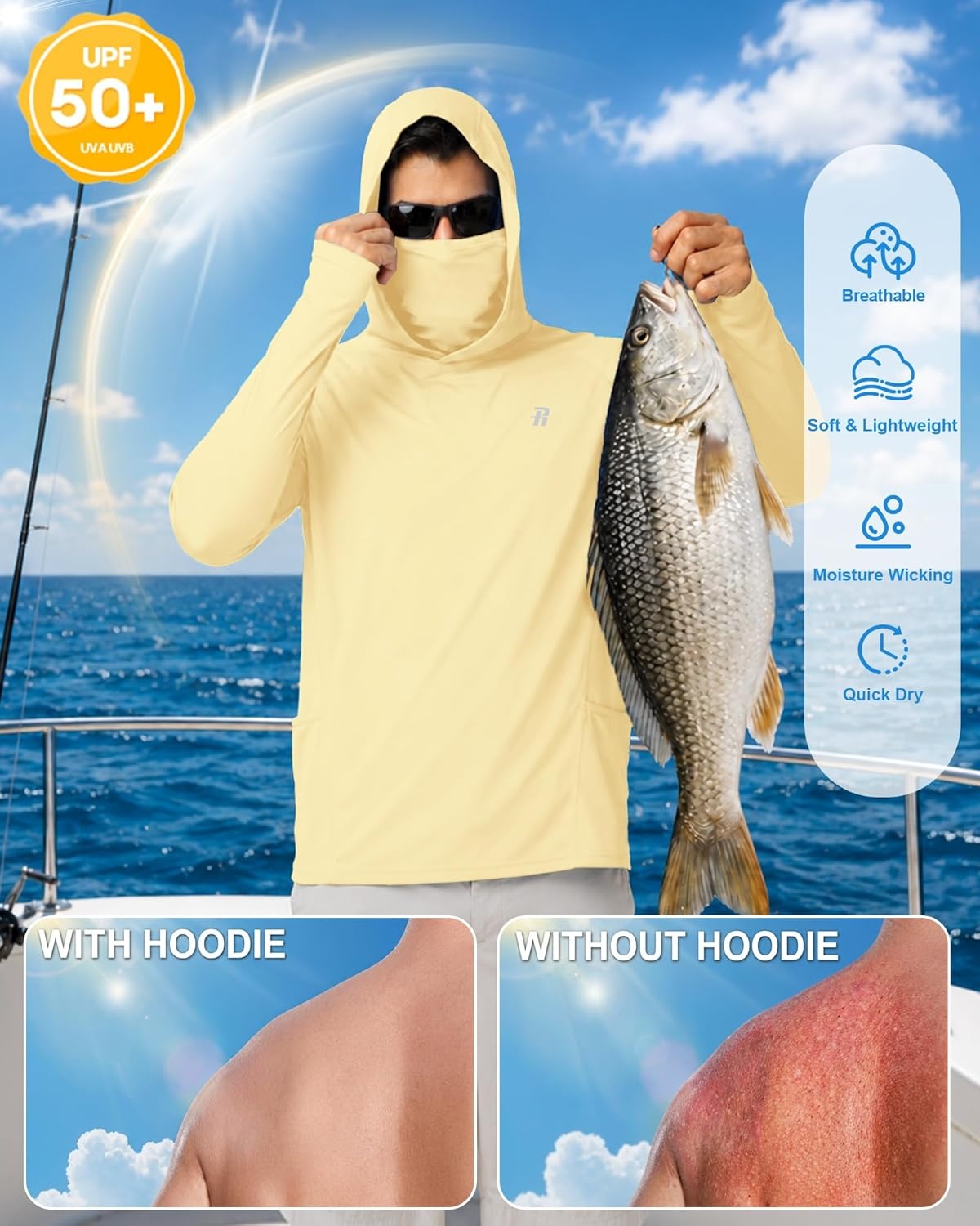 image:imageRunhit Mens UPF 50 Fishing Shirt Hoodie with Mask UV Sun Protection Long Sleeve Shirt Rash Guard Hiking Lightweight CoolingBright Yellow